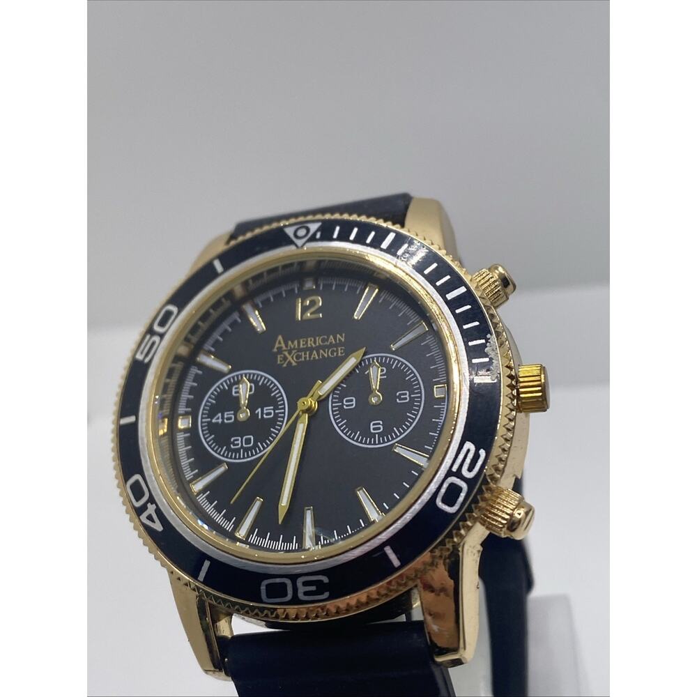 American Exchange Mens Gold Black Tone Quartz Watch Rubber Strap New Battery